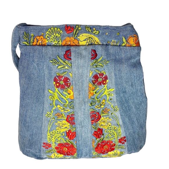 Source Unknown Handbags - Unbranded Bohemian Jean Bag Floral Embroidery Large